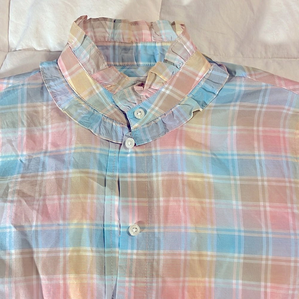 J. Crew Rainbow gingham long sleeve cotton silk blouse w/ ruffle collar and cuff